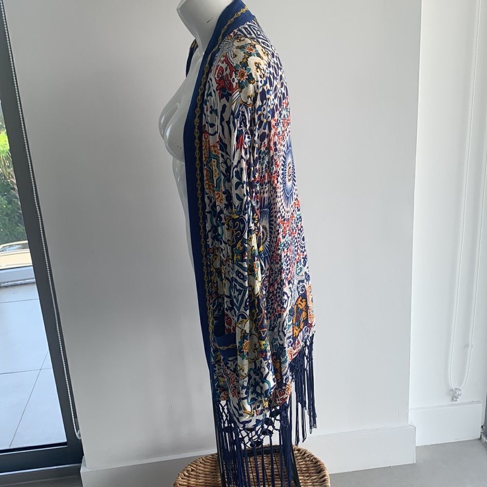 Desigual kimono beachy blouse, multi color, fringe, size L - Picture 6 of 14